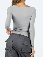 Femmes à manches longues col carré T-Shirts hauts couleur unie rue décontracté automne printemps T-Shirt pour les femmes 2024 nouveau 6