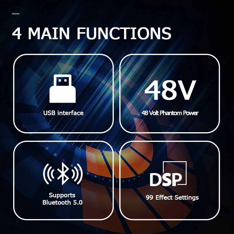 KP6 오디오 믹서 6채널 99개 DSP 이펙트 레코드 PC 48V 팬텀 파워 USB 사운드 믹서 블루투스 DJ 콘솔 믹싱 (노래방용)