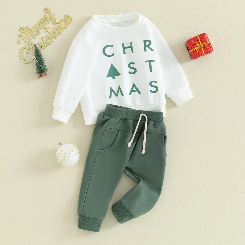 

Baby Boys Pants Set Long Sleeve Crew Neck Letters Tree Print Sweatshirt with Elastic Waist Sweatpants Christmas Clothes