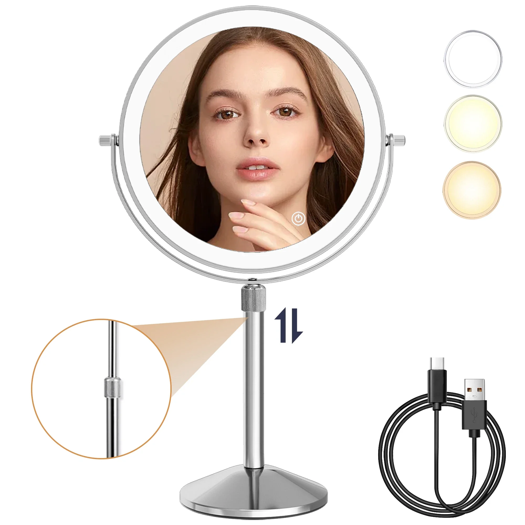 Adjustable USB Charging Led Tricolor Dimming Bathroom Cosmetic Mirrors Wall Folding Makeup HD Mirror with Lights Magnifying