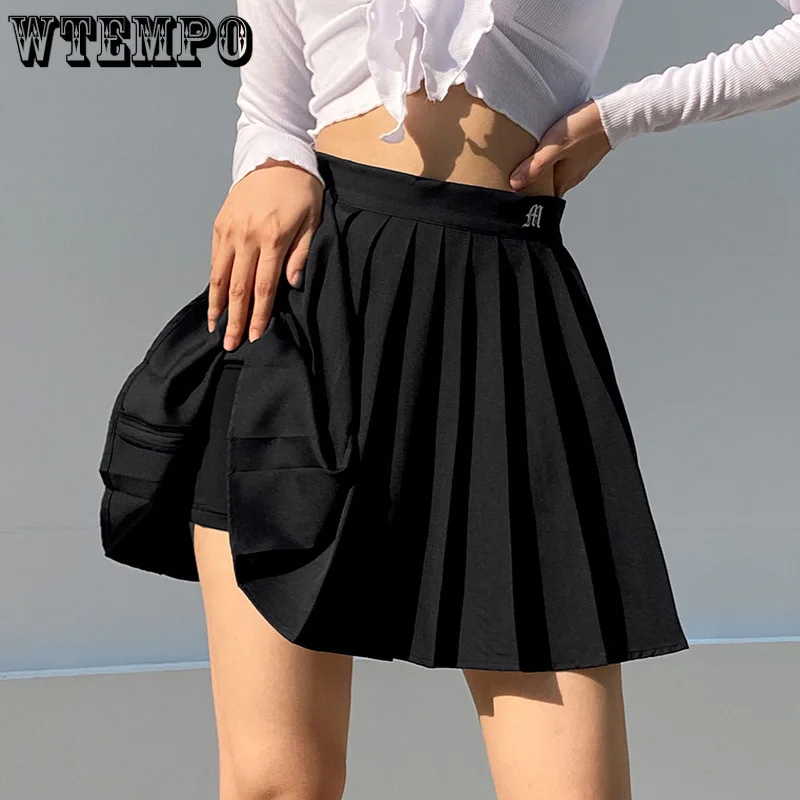 

Summer White Sexy Pleated Skirt Woman Elastic High Waist A-line Mini Skirt Vintage College Style Embroidery Tennis Skirt New