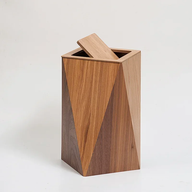 Wooden Creative Garbage Bin With Cover Nordic Net Red Light