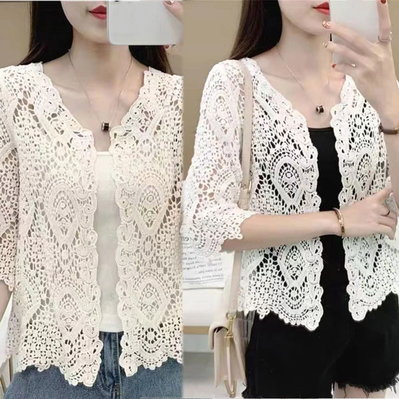 

Women Summer Knitted Lace Shrug Boho Hollow Crochet Floral 3/4 Sleeves Open Front Cropped Cardigan Elegant Short Mesh Cover N7YF