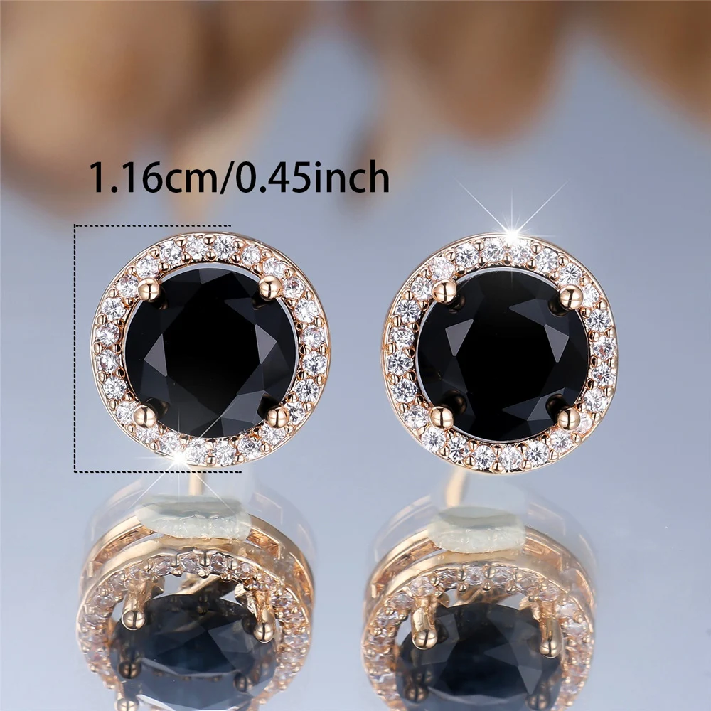 Cute Female Multicolor Pink Black Zircon Round Stone Stud Earrings Gold Color Wedding Jewelry For Women