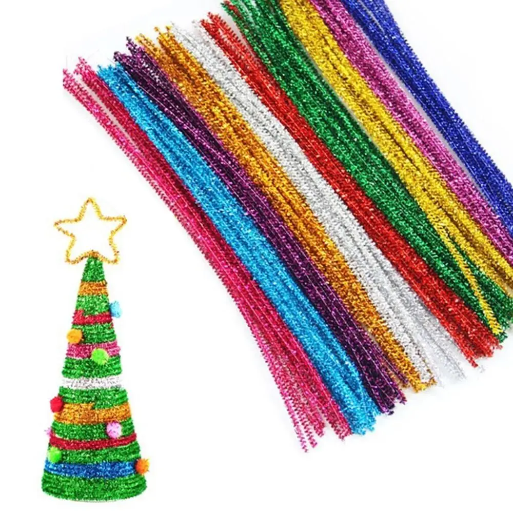 100Pcs New 30cm Glitter Chenille Stems Wool Top Christmas DIY Craft Supplies Torsion Bar Tinsel Stems  Tinsel Stems