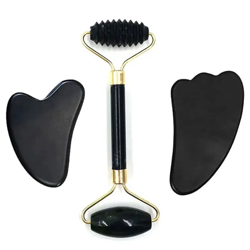 Natural Stone Gua Sha Jade Roller Massager for Face Black Double Head Roller Massage Tools Gouache Scraper Body Facial Massager 14pcs scraping painting art tools set with bamboo stick scraper repair pen black brush for kids children birthday christmas gift