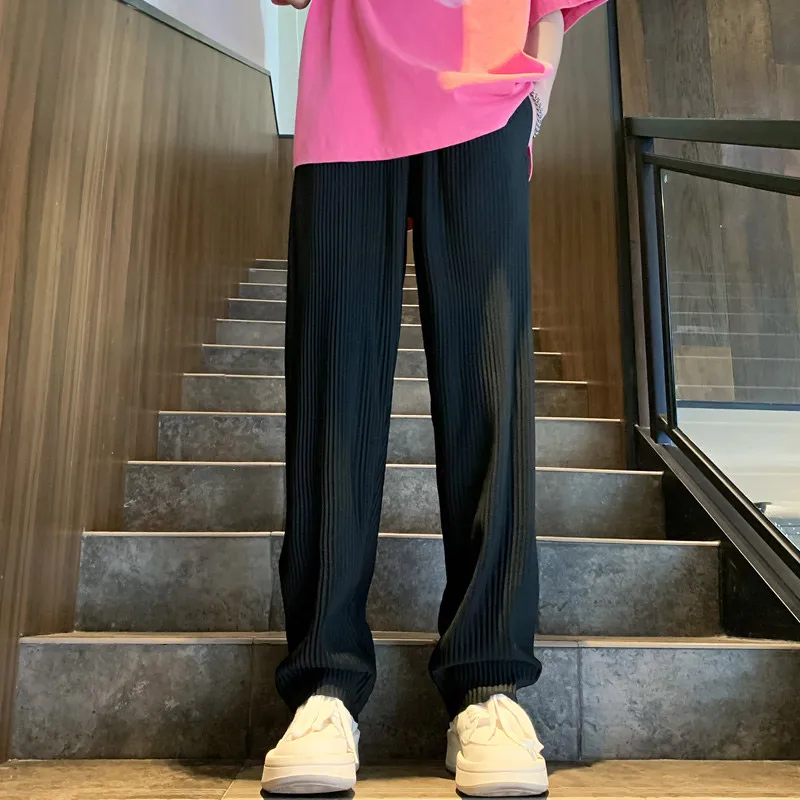 Men Summer Casual Pants Black Gray Ice Silk Pants Japanese Streetwear Hip-hop Loose Straight Trousers Mens Pleated casual pants
