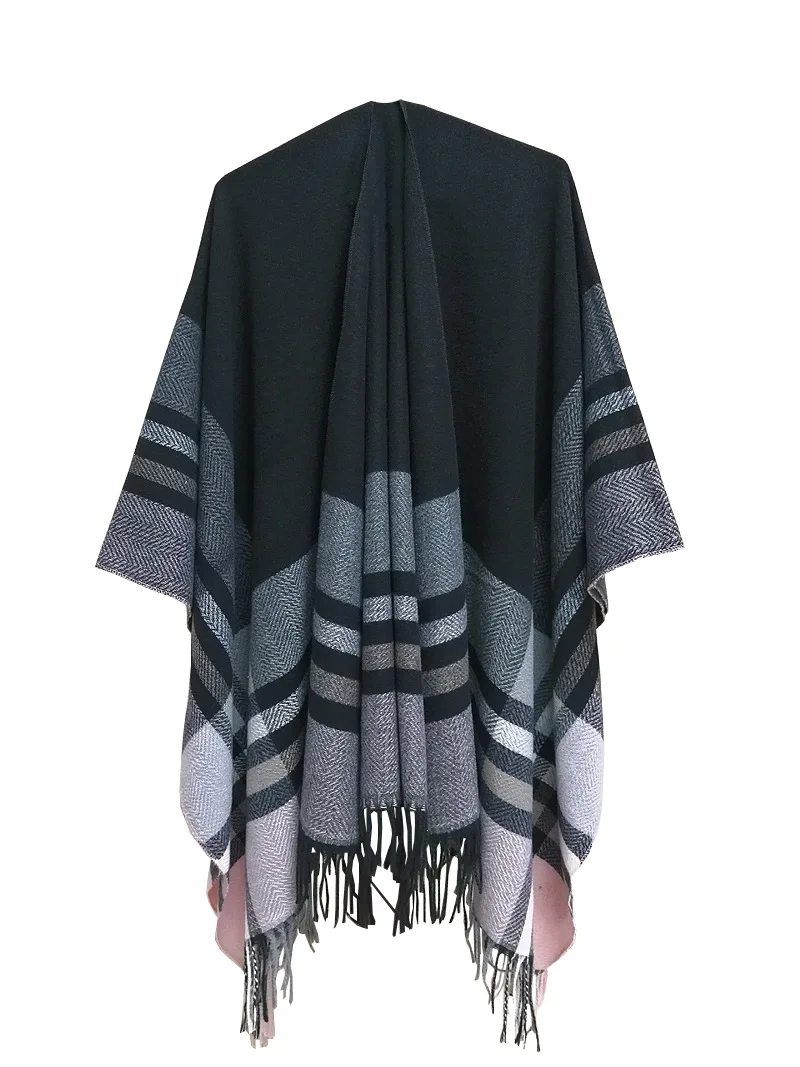 

Imitation Cashmere Women Spring Autumn Double sided Plaid Split Shawl Warm Fashionable Street Poncho Lady Capes Black Cloaks
