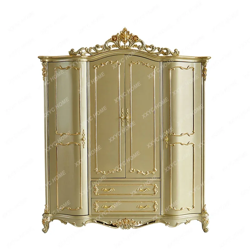 

Villa Furniture European-Style Wood Carved Four-Door Luxury Wardrobe French Wardrobe Princess Locker Champagne Gold