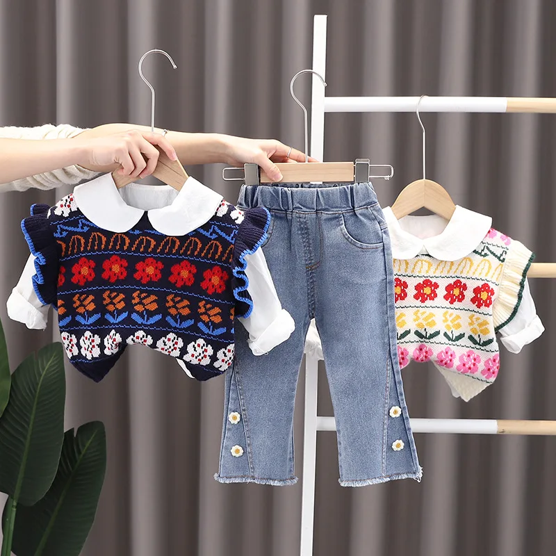

Clothing For Girls 2023 New Autumn Fashion Flower Vest + Top + Pants 3 Piece Girls Clothes Set 1-4 Years Kids Clothes For Girls
