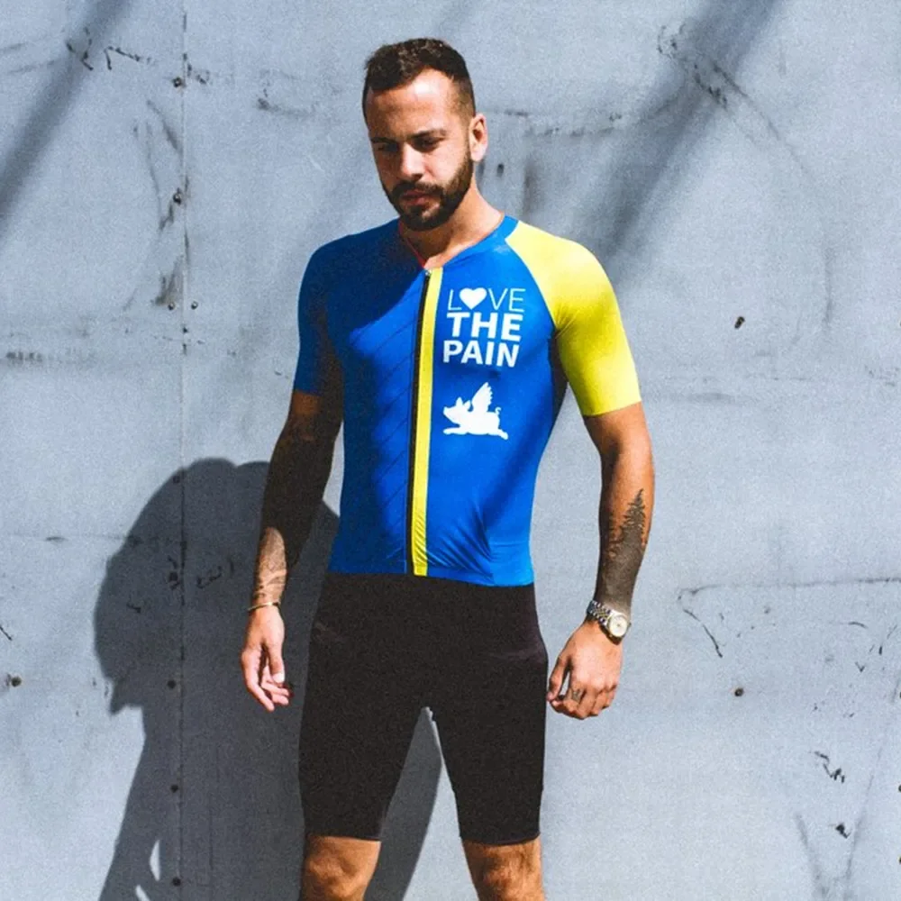 

Летний велосипедный костюм Love The Pain, мужской велосипедный комплект из джерси 9d с нагрудником, одежда для велоспорта на заказ, одежда для велоспорта