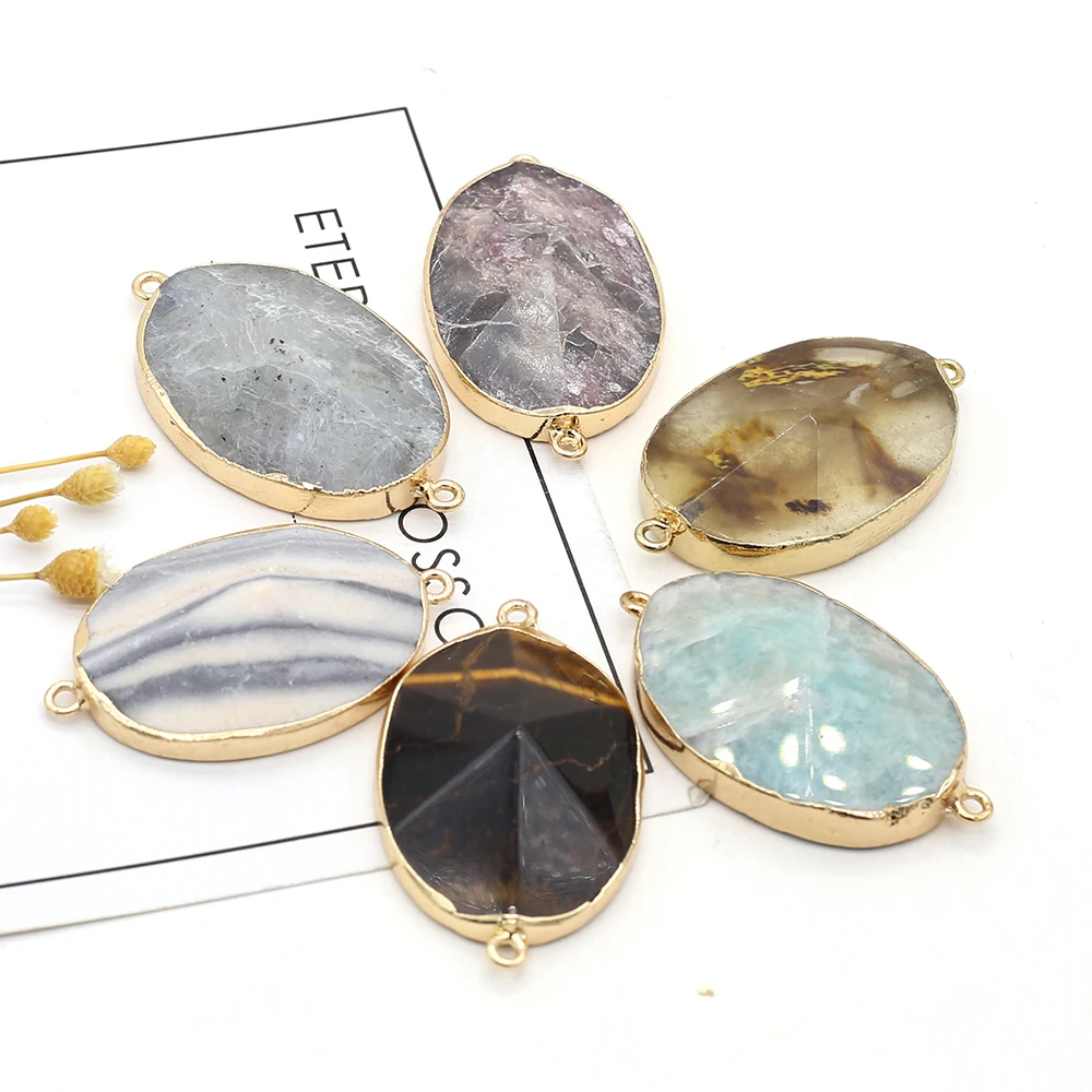 Natural Stone Pendant Connectors Faceted Oval Healing Crystal Stone