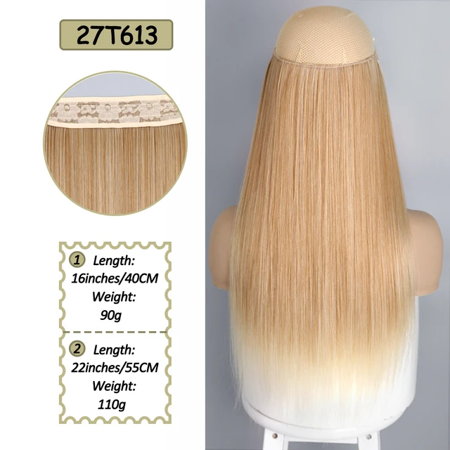 Synthetic No Clip Halo Hidden Hair Extension Ombre Artificial Natural Fake False Long Short Straight Hairpiece Blonde For Women 27T613
