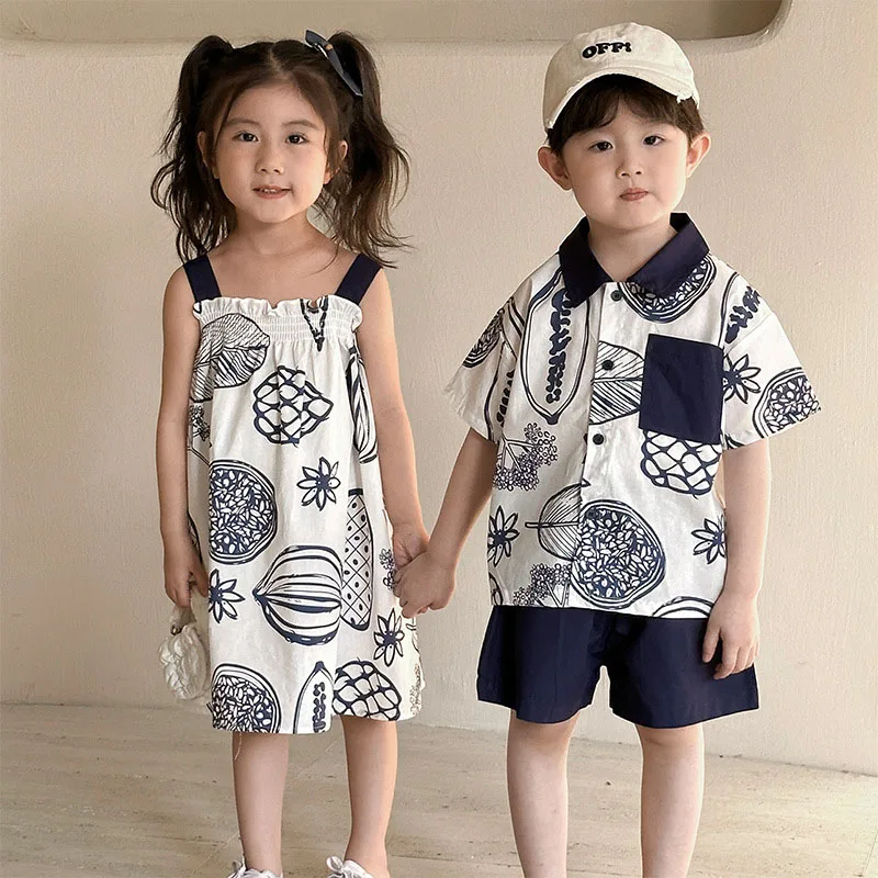 MILANCEL New Summer Kids Clothes Set Boys Cartoon Fruit Shirt+ Solid Color Shorts Girls Suspenders Dress