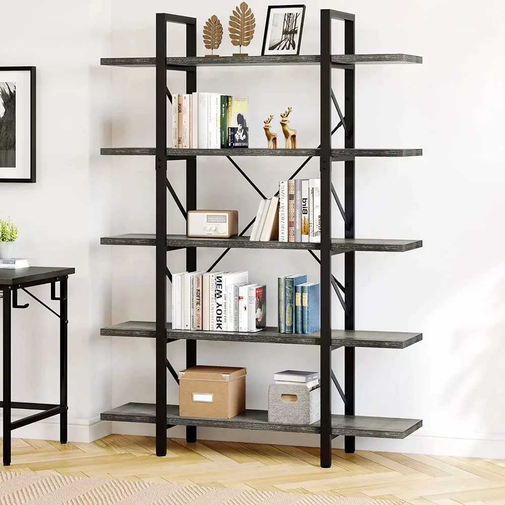 Dextrus Industrial 5 Shelf Bookcase, Modern Free Standing Bookshelf Storage Organizer with Metal Frame, Book Shelves 60 adjustable 12 shelf media storage bookcase book shelf furniture bookcase espresso maple