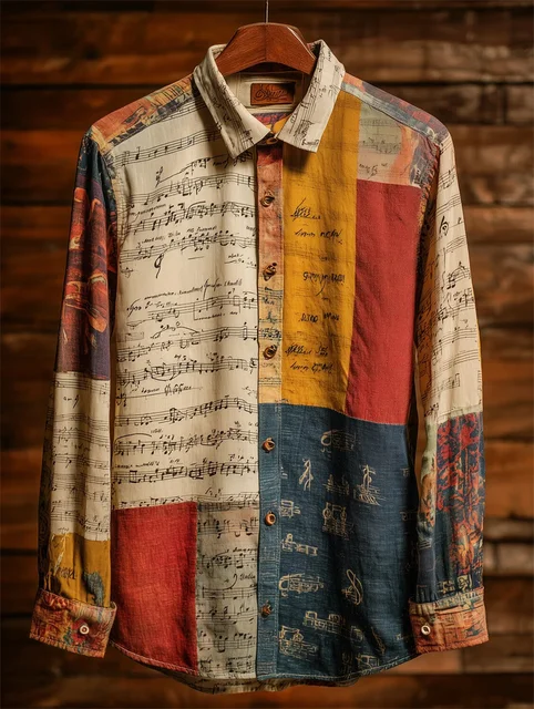 New Men's 3D Art Printed Shirt Casual Vintage Linen Style Long Sleeve Lapel Collar Top Fashion Beige Top 1