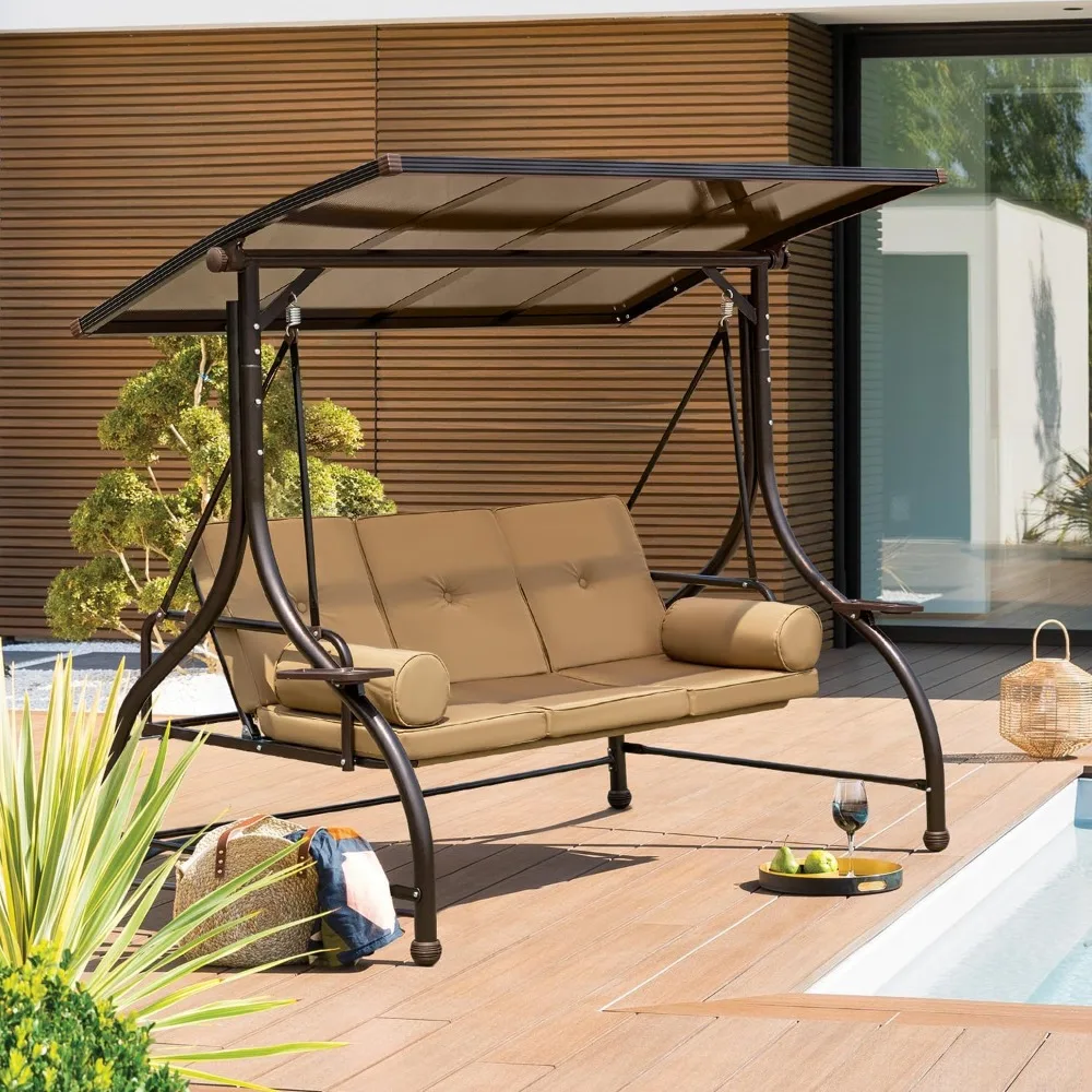 Outdoor Patio Swing with Hardtop, 3 Person Porch Swings with 2 Side Cup Holder, Convertible Backrest Swing Bed with Cushion 2