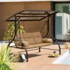 Outdoor Patio Swing with Hardtop, 3 Person Porch Swings with 2 Side Cup Holder, Convertible Backrest Swing Bed with Cushion 2
