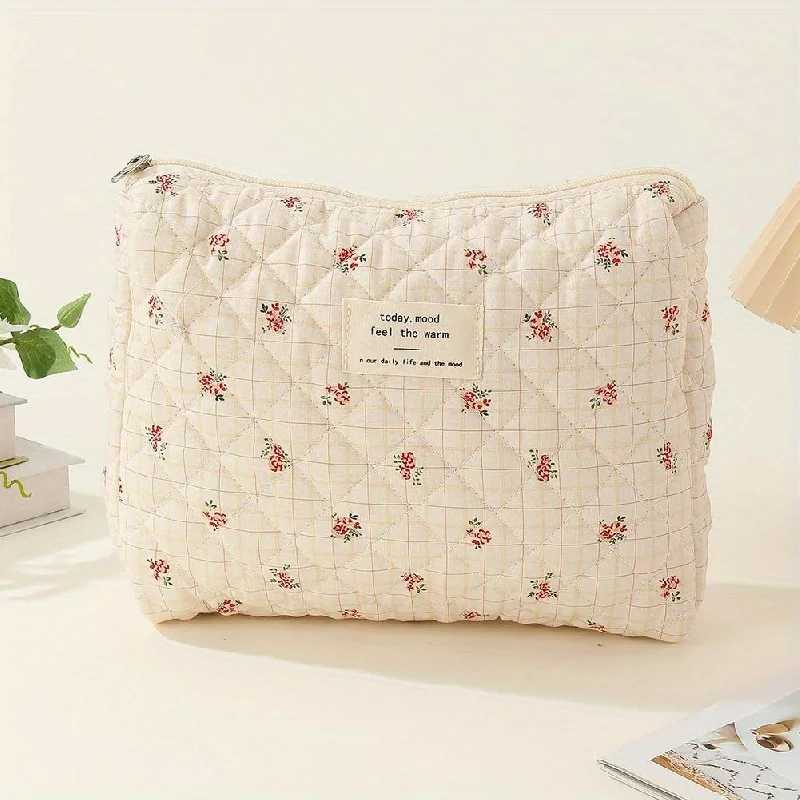 3Pcs Cotton Quilted Makeup Bag Coquette Makeup Bag Large Travel Cosmetic Bag Aesthetic Cute Kawaii Floral Makeup Bag Toiletry Ba 5