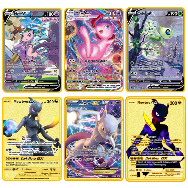 Pokémon Metal Gold Collection Cards, Mewtwo, Mew, V, Pikachu, Vmax