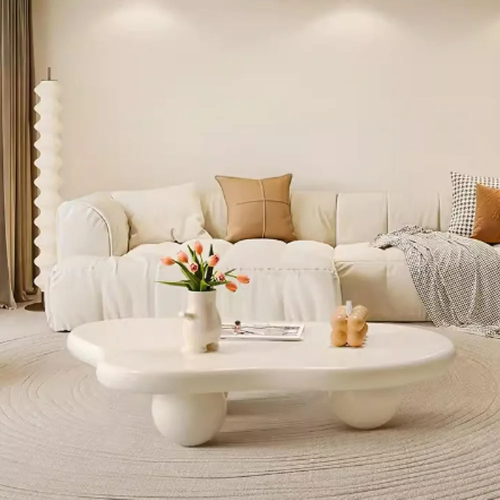 Modern Coffee Table Cloud Shape Low Coffee Table Cartoon Irregular Indoor Tea Table with 3 Ball Leg for Living Room (White, 39.4 5