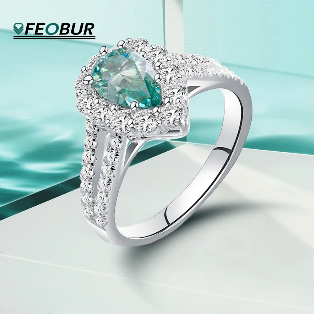 

D VVS 5*8mm Pear Cut Moissanite Engagement Rings for Women Lake Blue Color Full Diamond 18K Gold Plated 925 Sterling Silver Ring