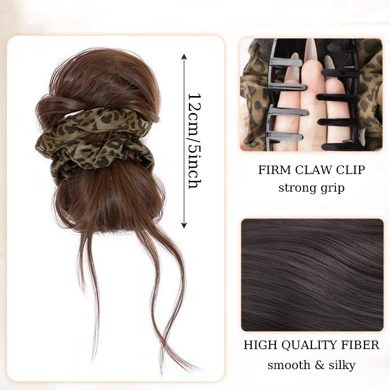 Synthetic Messy Hair Bun Wig Hair Extensions Claw Clip Updo Hairpiece with Leopard Print Hair Tie for Women Daily Use Low Updo