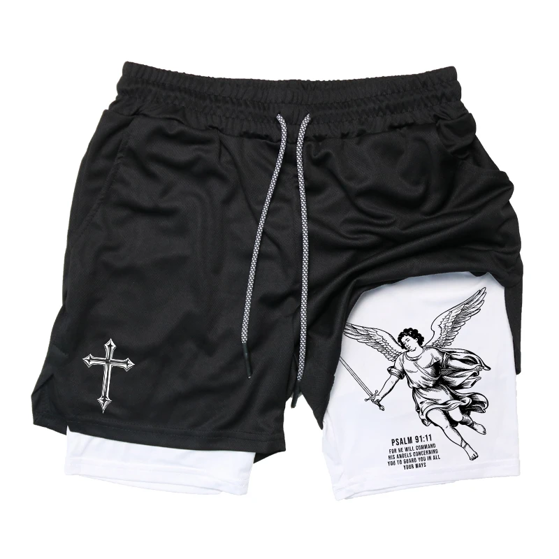 Angel Cross Graphic 2 en 1 short de course d'entraînement pour hommes, short athlétique à séchage rapide avec poche pour téléphone, boucle de serviette, vêtements de sport