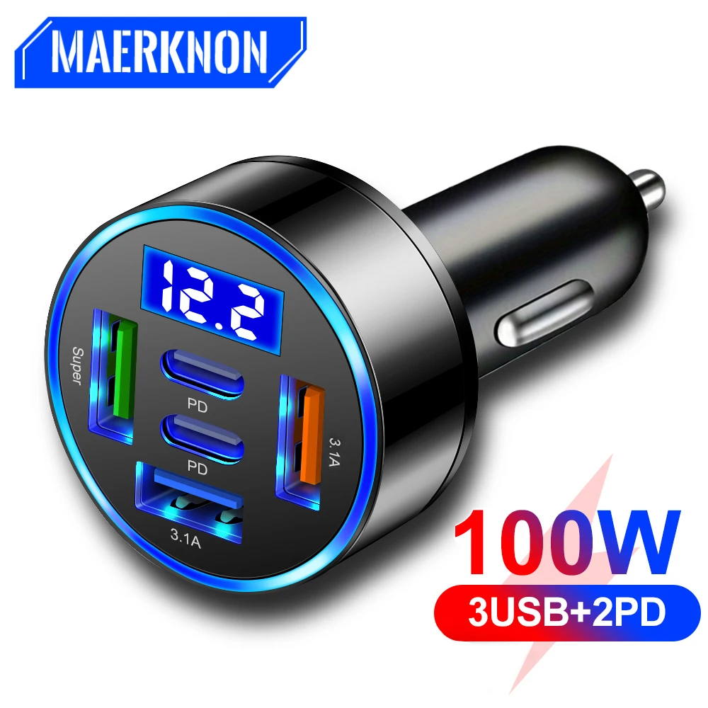 Car Charger 100W Support Super Fast Charging 5 in 1 Multi-port Voltage Car with Vehicle Digital Display Mobile Phone Adapter car charger car phone charger