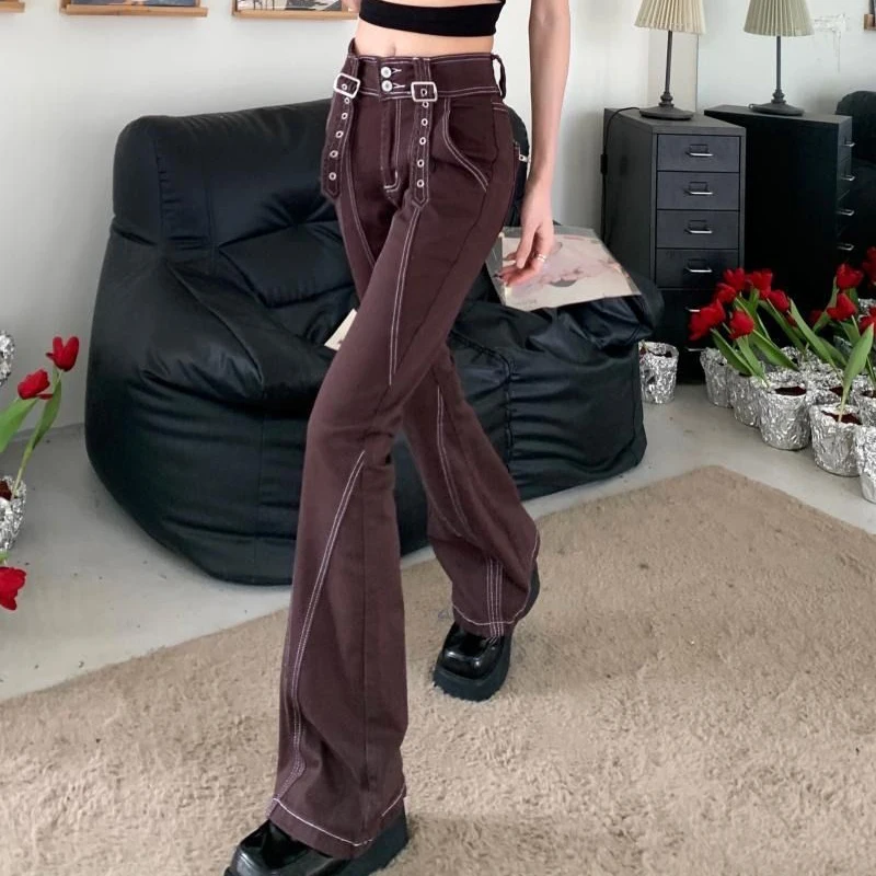 

Vintage Brown Flare Pants Women 2023 Spring Autumn Elastic Skinny Jeans Woman Y2K High Waist Buckle Washed Denim Trousers Female