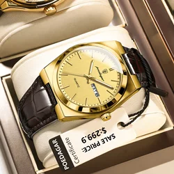 Luxury Men's Quartz Watch with Leather Strap - Waterproof, Luminous, Date Function, Includes Gift Box (930 Gold Gold)