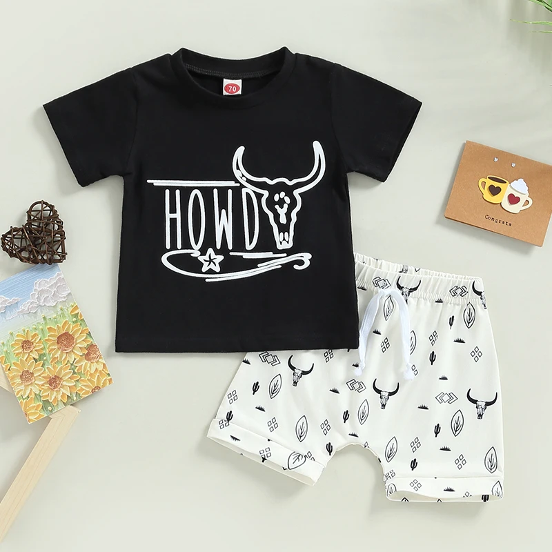 

2023-01-09 Lioraitiin 0-3Years Toddler Boy Summer Clothes Letter Print Short Sleeve Crew Neck T-Shirt Bull Head Pattern Shorts