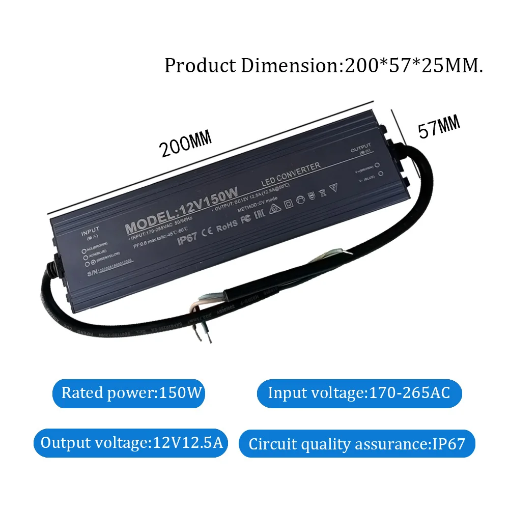 Waterproof Outdoor LED Driver, 12V/24V Power Supply, 10W-500W Transformer, IP67 Rated