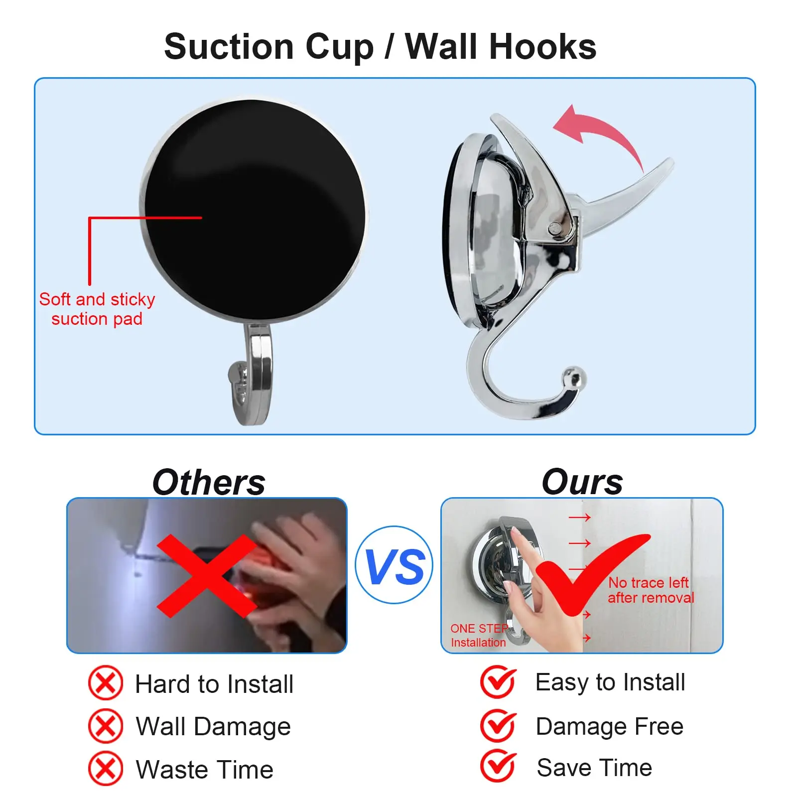 Reusable Cup Hooks for Shower Without Punching Suction Kitchen Bathroom
