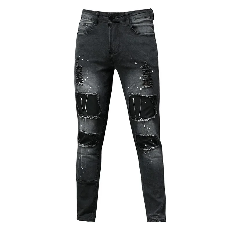 jeans Men Ripped Skinny Zipper Jeans Black Patchwork Biker Pencil Pants Street Man slim fit Denim Pants Hip Hop Draped trousers