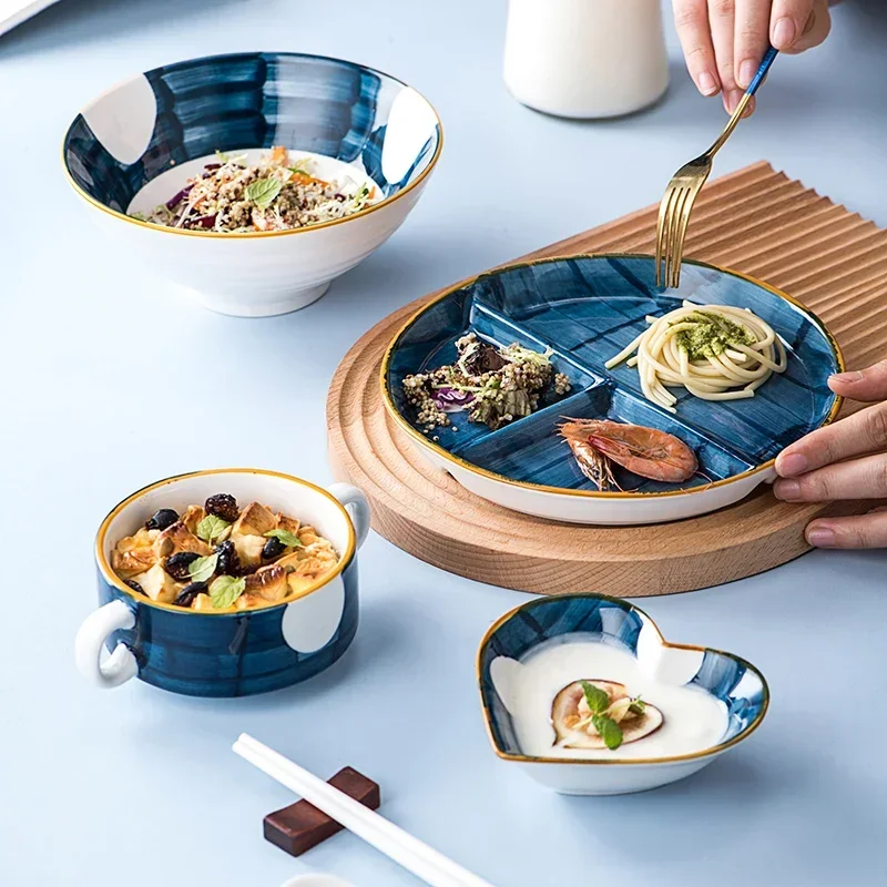 Ceramic Dinner Plate dining dish Japanese Hand Drawn Three Grid 1person Family Breakfast Fat-reducing Quantitative Divider