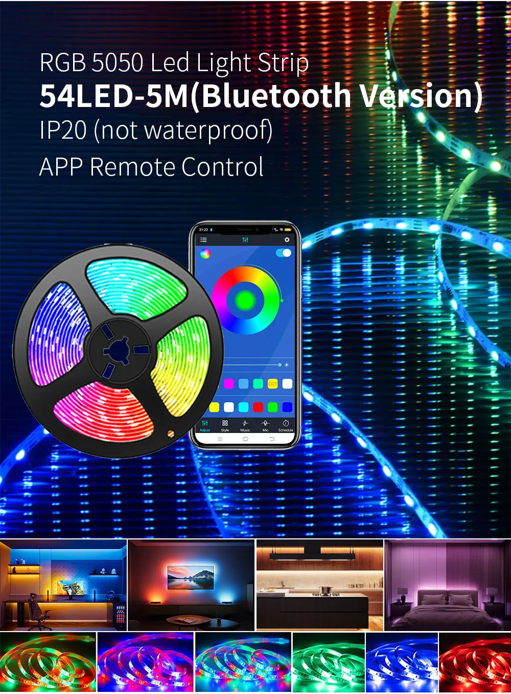 12V Led Strip Lights RGB 5050 5M 54 LEDS Bluetooth APP Control Luces Led Flexibl