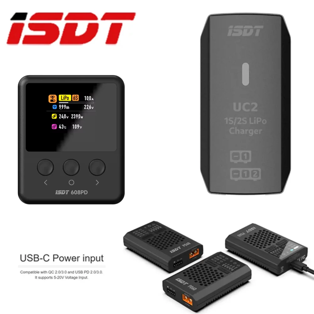 ISDT 608PD DC 240 Вт/10 А USB C 140 Вт/5 А Интеллектуальное цифровое зарядное устройство PD60 60 Вт 6A UC2 1S/2S LiPo Smart Battery Balance Цифровое зарядное устройство