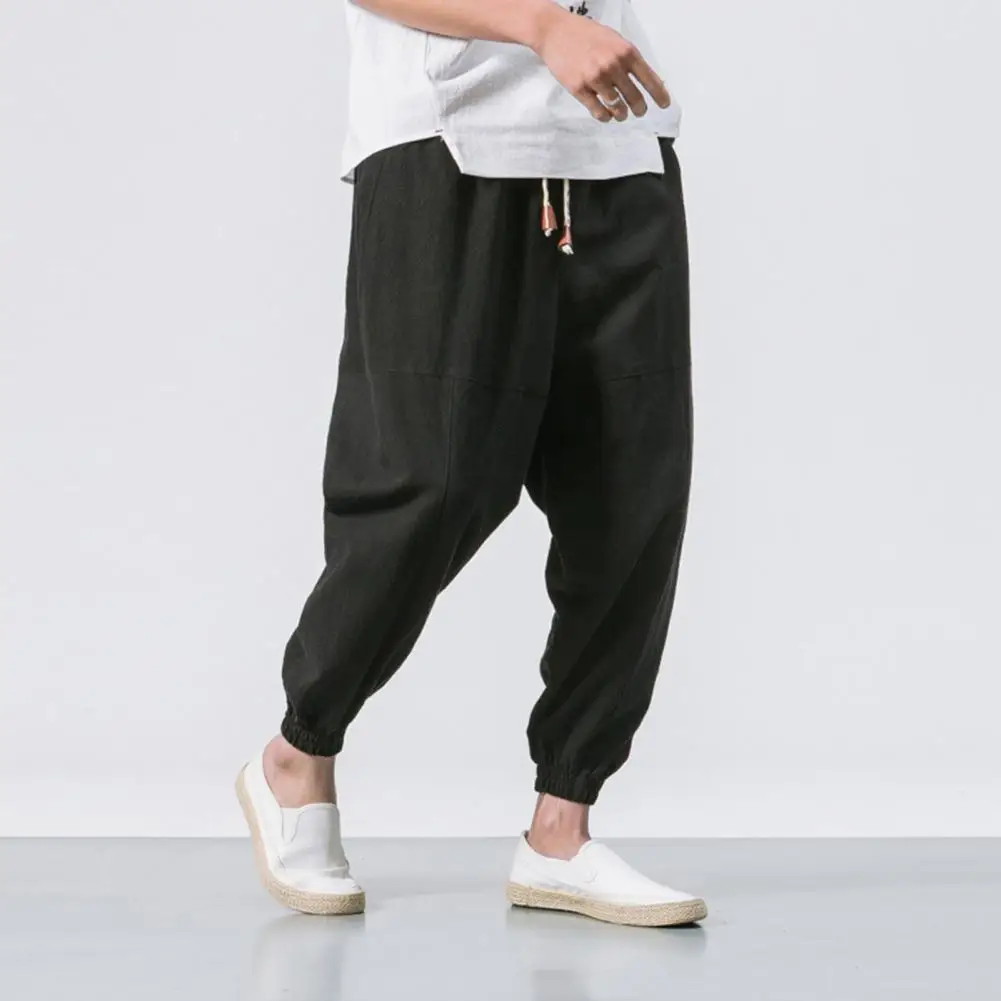 Elastic Waist Trousers Japanese Style Men's Harem Pants with Deep Crotch Ankle Length Pockets for Casual Daily Wear in Plus Size 4
