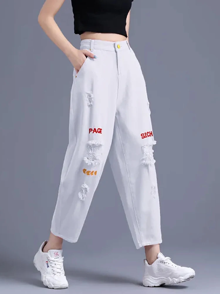 

Korean Fashion High Waist Letter Embroidery Ripped Jeans Casual Streetwear Ankle-length Women Pants Loose Ripped Jeans For Women