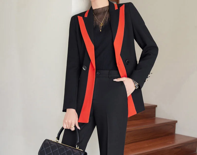 Tesco Women Suit Sets  Business Blazer Pants For Office Lady Female Autumn Sets 2 Piece Patchwork Chic Uniform Jacket Coat