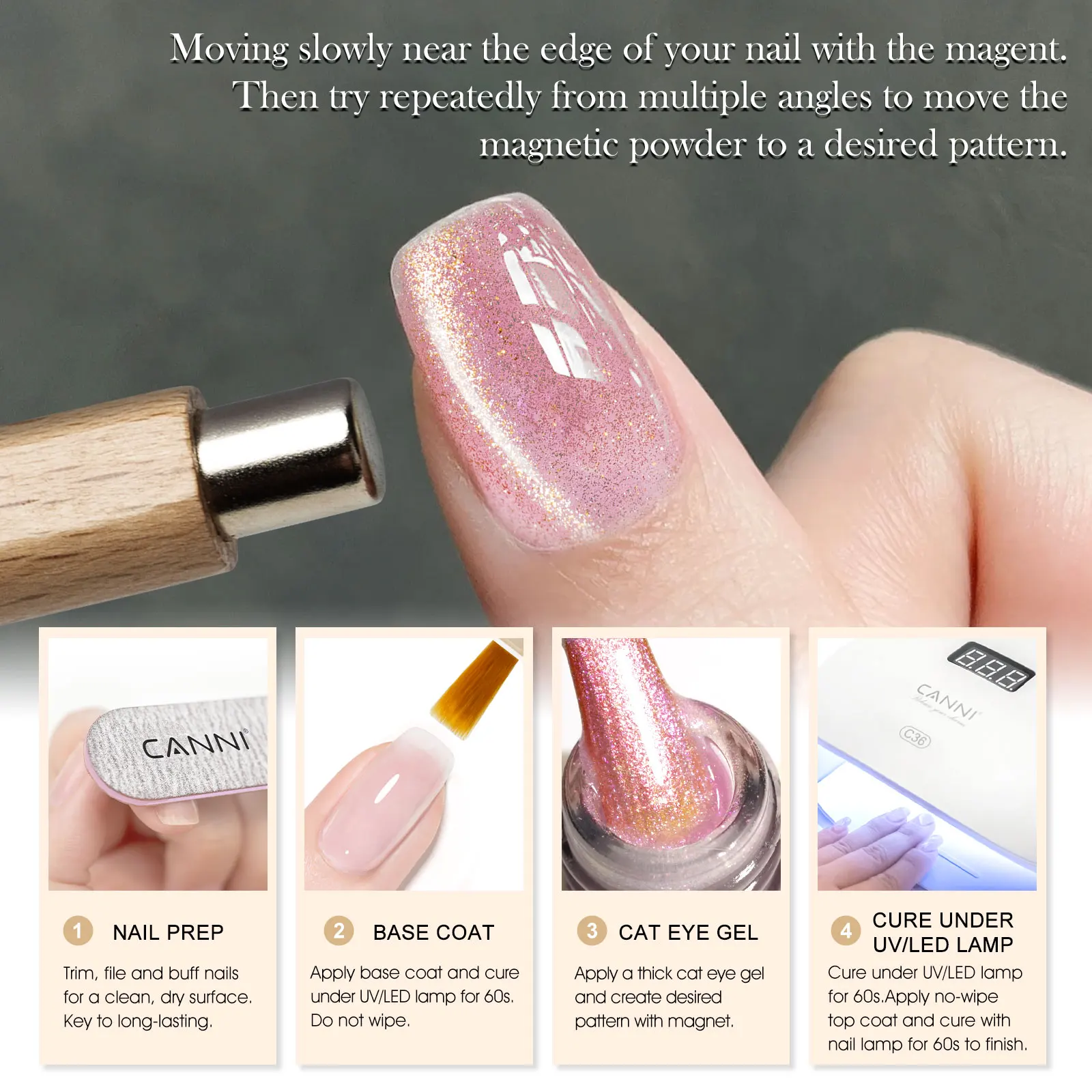 CANNI Super Glossy Glitter Cat Eye Nail Gel Polish - Hema Free Diamond Top Coat, Semi-Permanent UV LED Varnish