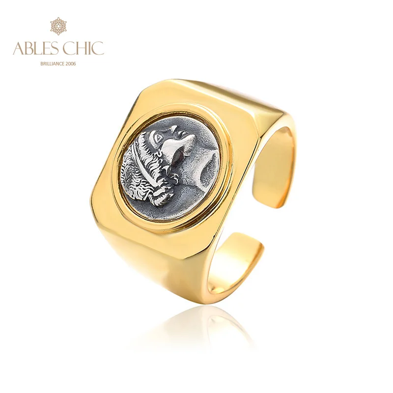 Greco Amazon Donna Guerriero Monete D'Argento Sigillo Oro 18 Carati Bicolore Solido Argento 925 Moneta Romana Anello Aperto R1020