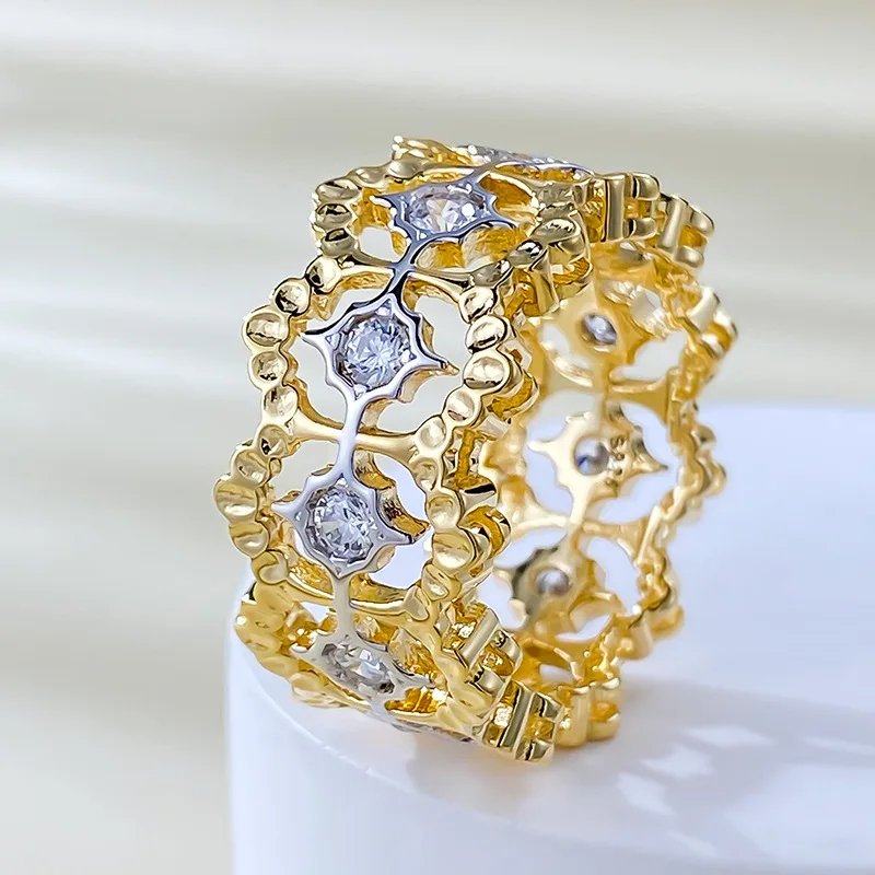 

14K Gold Hollow Diamond Ring 100% Real 925 Sterling Silver Party Wedding Band Rings for Women Bridal Engagement Jewelry Gift