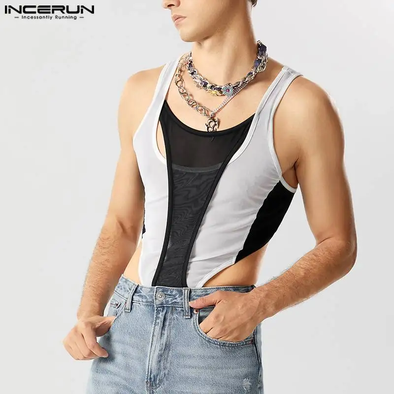

INCERUN Men Bodysuits Mesh Patchwork O-neck Sleeveless Hollow Out Rompers 2023 Skinny Sexy Transparent Stylish Unisex Bodysuit