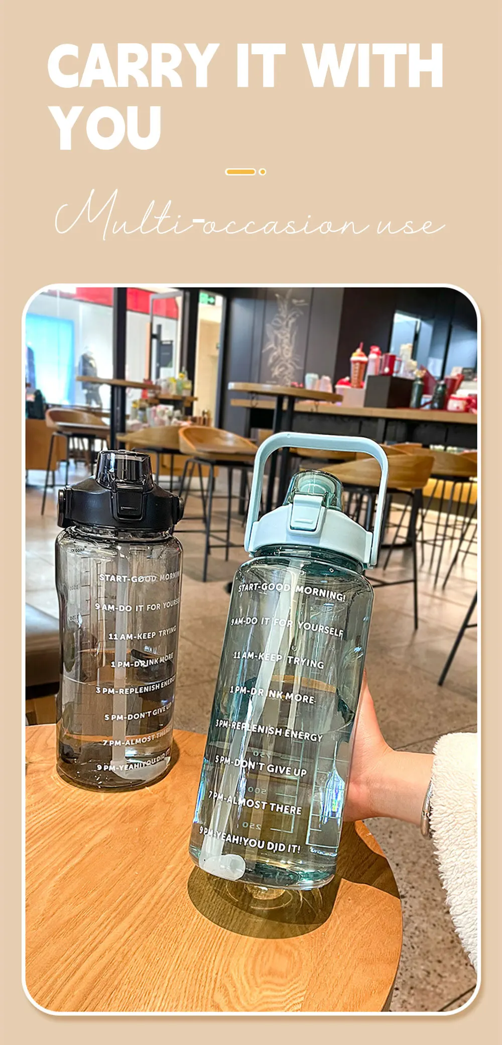 Gourde Sport 2L Reeho Avec Paille Et Motivateur - Grise, Sans BPA, Pour Rester Hydraté !