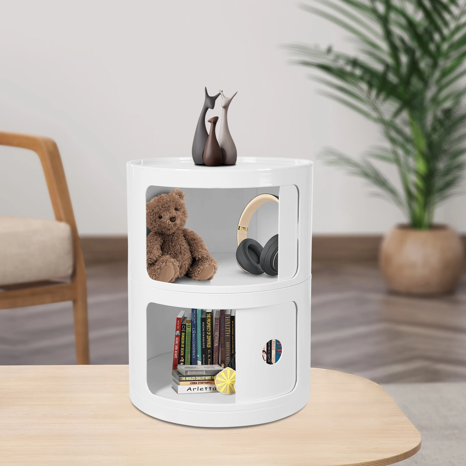 2 Tiers Round Bedside Cabinet Plastic Nightstand Storage Unit Drawers Modern End Table Bedside Table