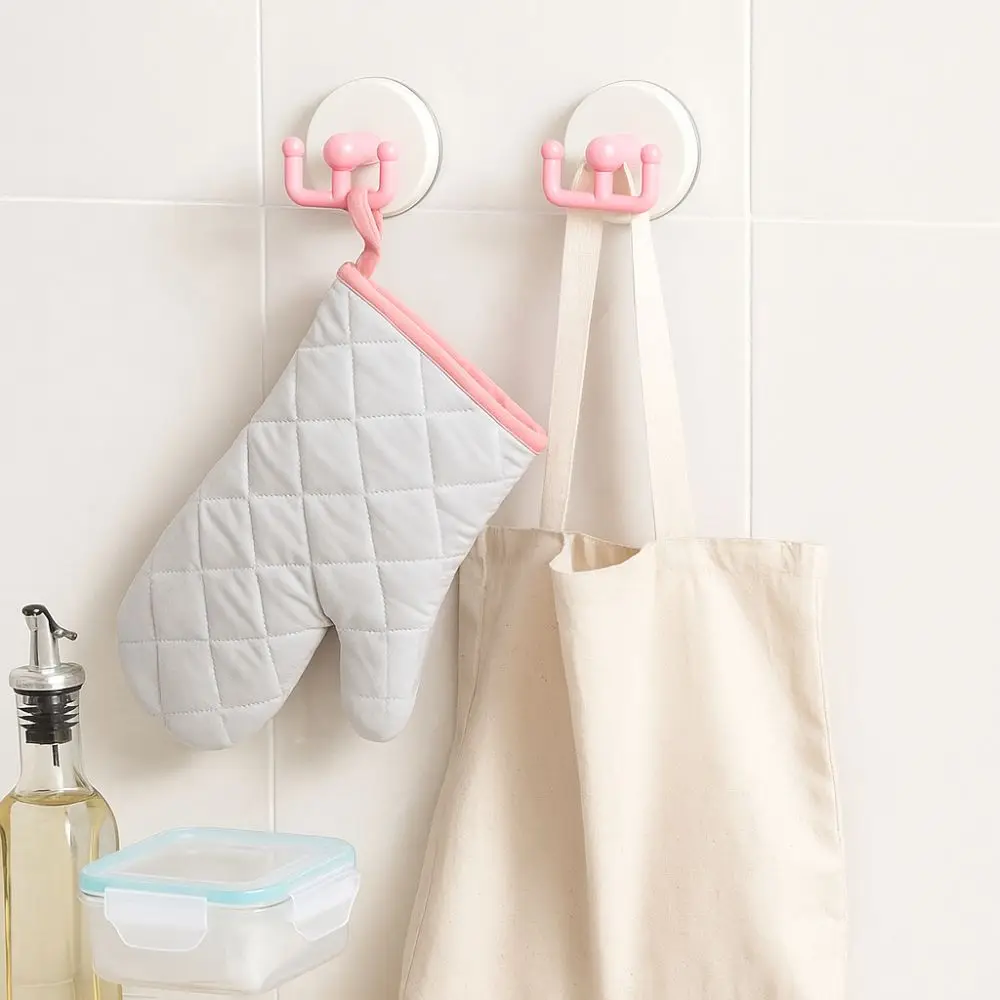 5pcs Vacuum Pressing Suction Cup Hook High Load Capacity Double-hook Kitchen Hook Plastic No Drill Bathroom Organiser Dorm Room