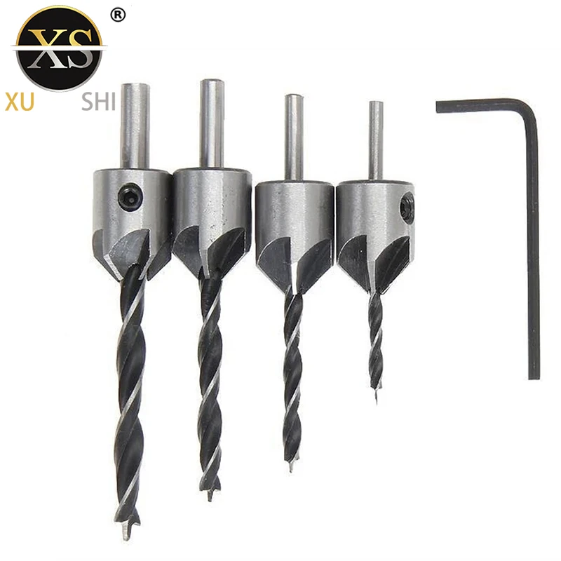 4PC/Set Countersink Drill Bit Flute Round Shank Adjustable Tapered Bits for Wood with Allen Wrench Woodworking Drilling