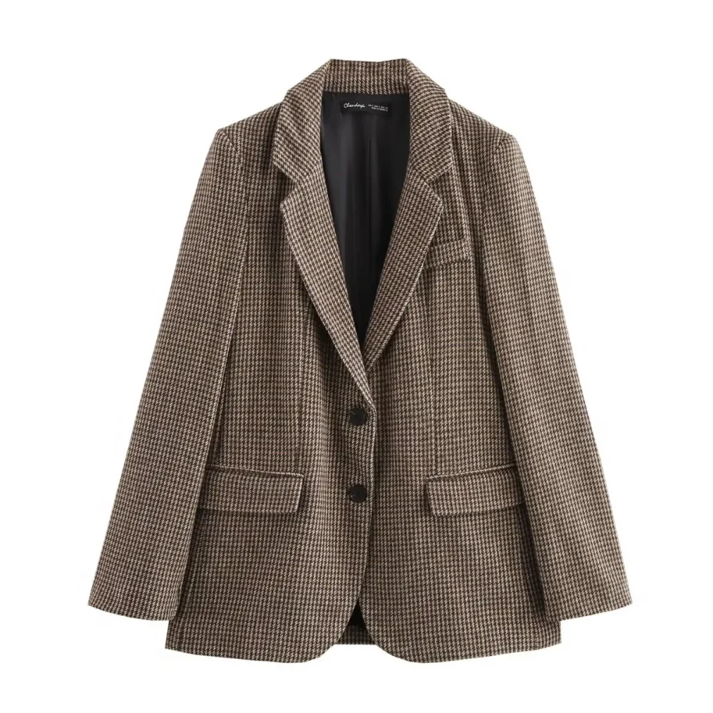 TRAF ZR Femme 2024 Casual Suit Women's Checked Blazer Featuring Notched Lapel Collar Long Sleeves Outerwears with Buttoned Cuffs 2